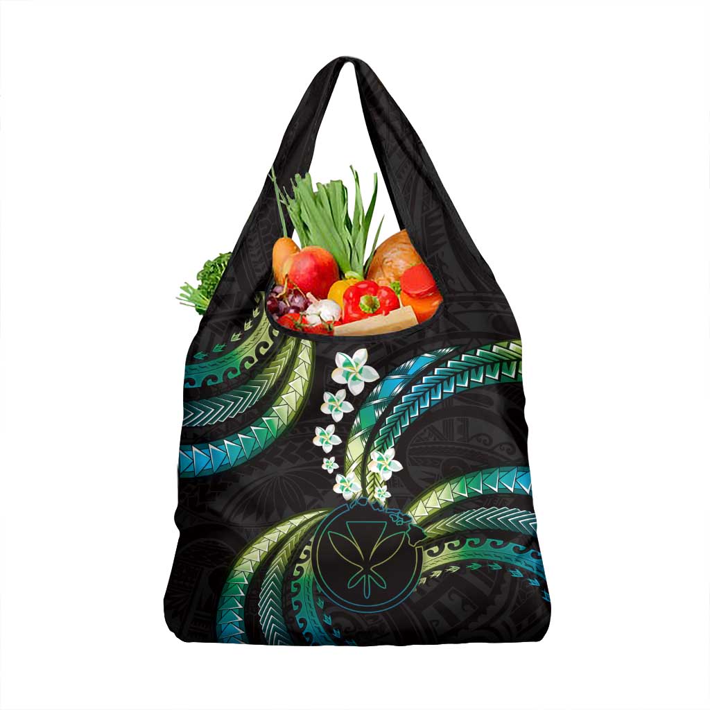 Hawaii Map Kanaka Maoli Grocery Bag Fantastic Frangipani Chartreuse Cyan