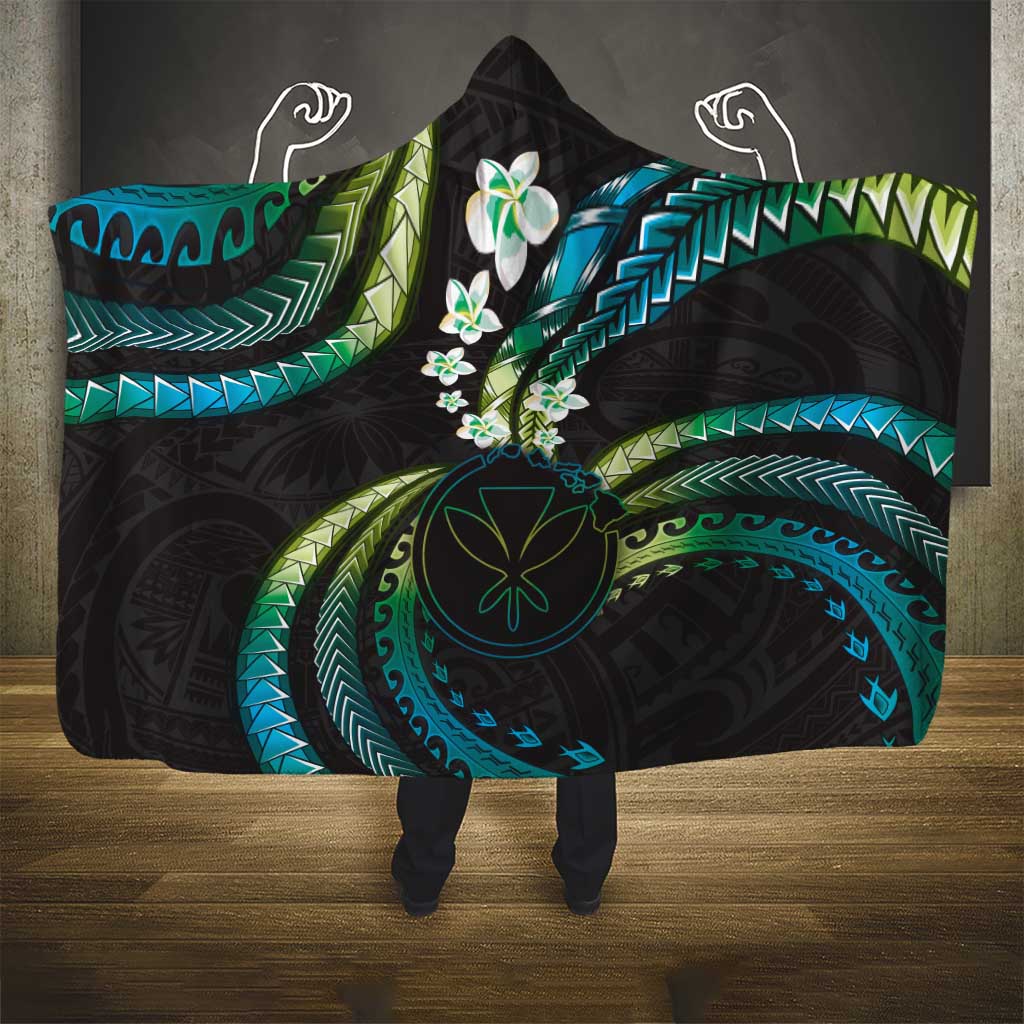 Hawaii Map Kanaka Maoli Hooded Blanket Fantastic Frangipani Chartreuse Cyan