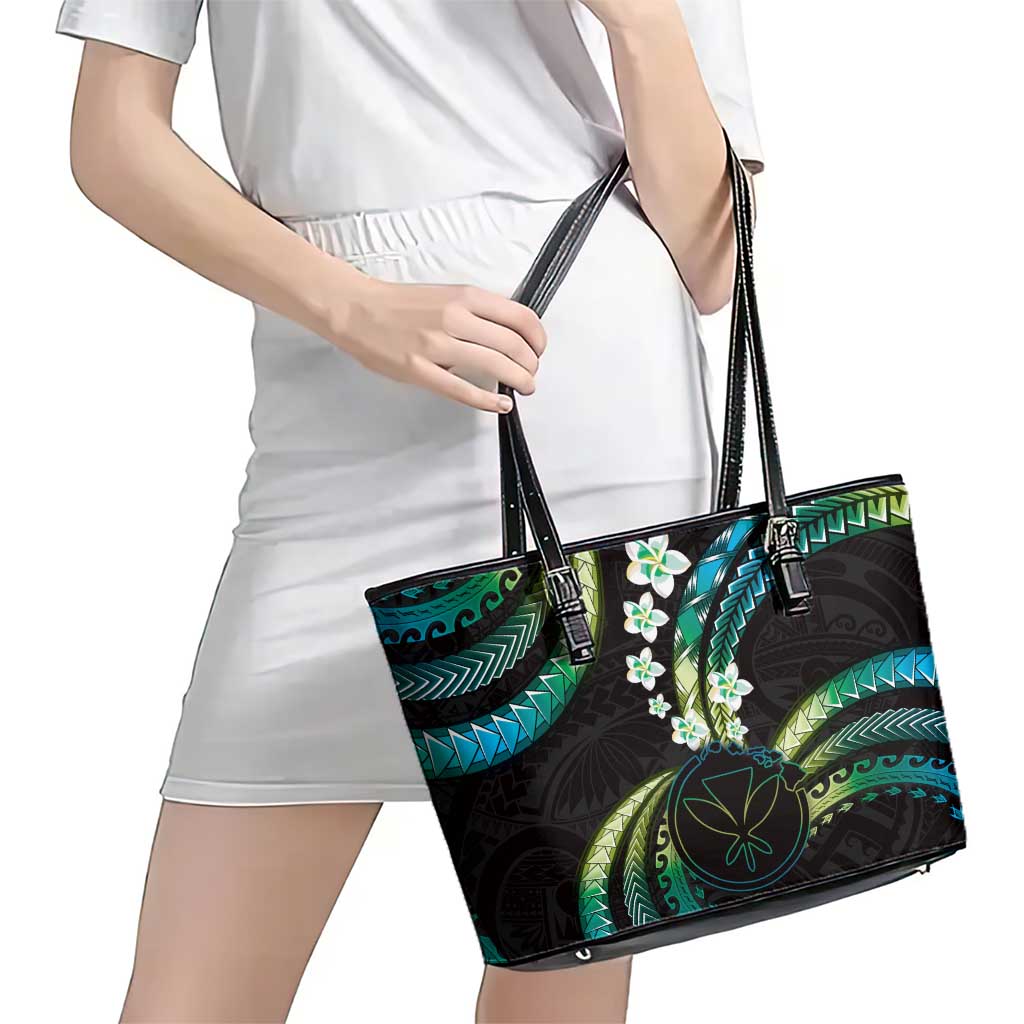 Hawaii Map Kanaka Maoli Leather Tote Bag Fantastic Frangipani Chartreuse Cyan