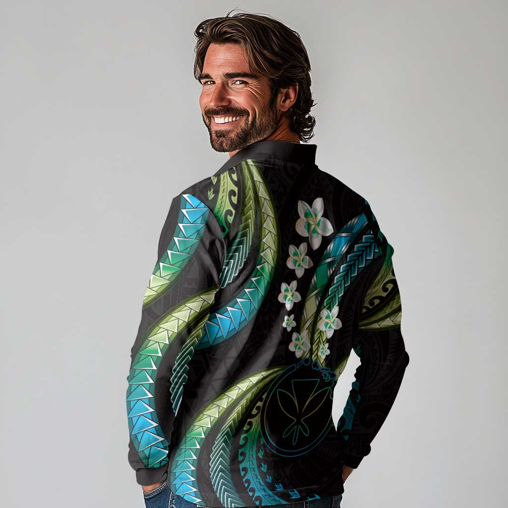 Hawaii Map Kanaka Maoli Long Sleeve Polo Shirt Fantastic Frangipani Chartreuse Cyan