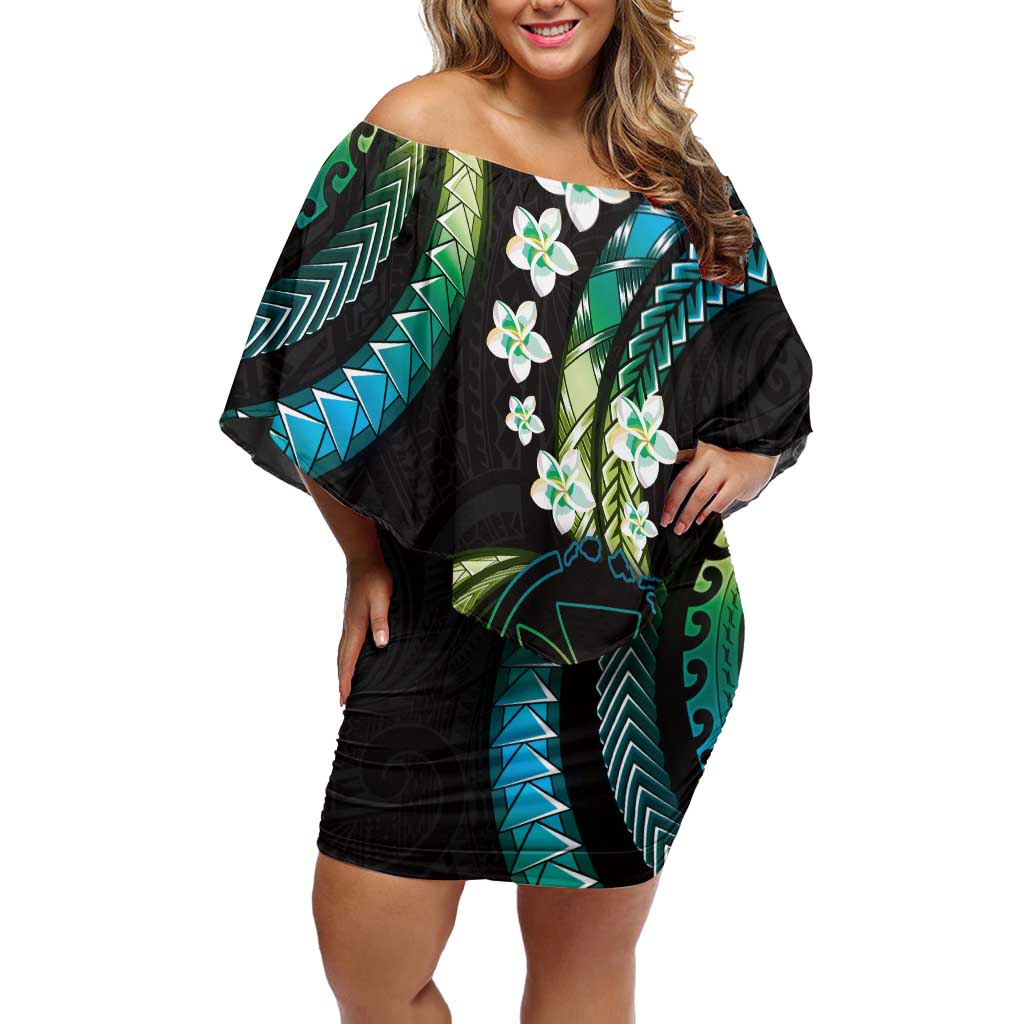 Hawaii Map Kanaka Maoli Off Shoulder Short Dress Fantastic Frangipani Chartreuse Cyan LT01 Women Cyan - Polynesian Pride