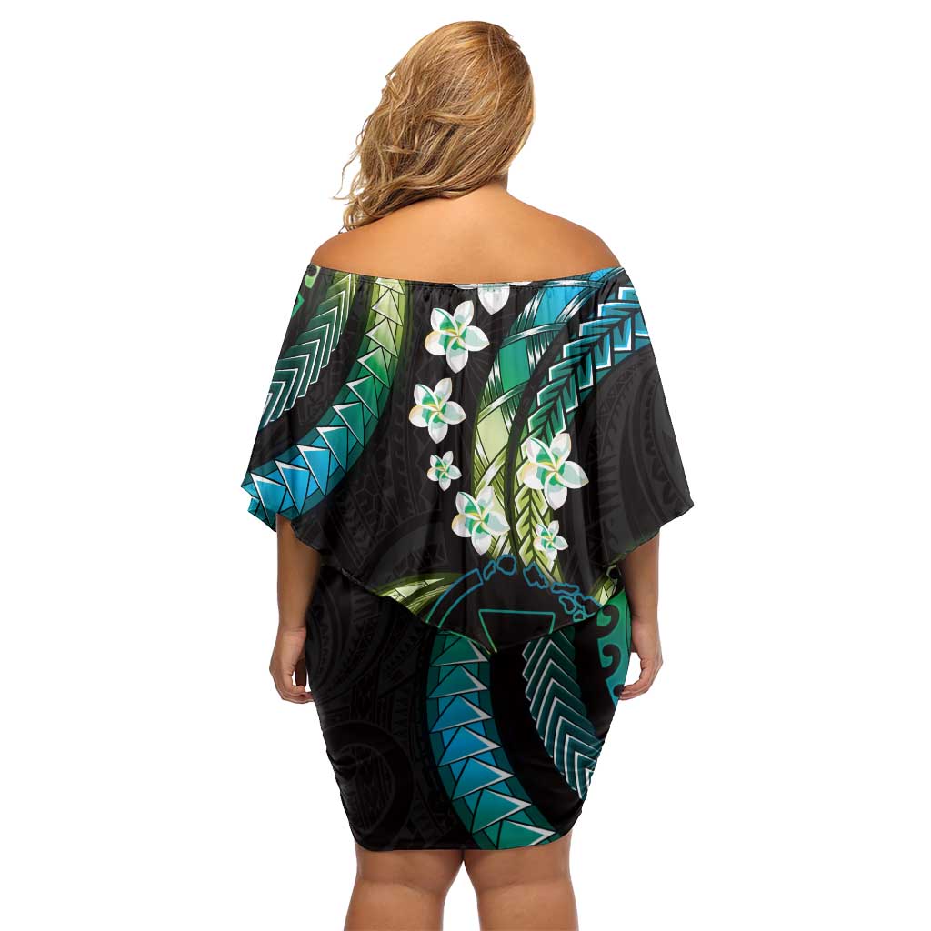 Hawaii Map Kanaka Maoli Off Shoulder Short Dress Fantastic Frangipani Chartreuse Cyan LT01 - Polynesian Pride