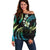 Hawaii Map Kanaka Maoli Off Shoulder Sweater Fantastic Frangipani Chartreuse Cyan