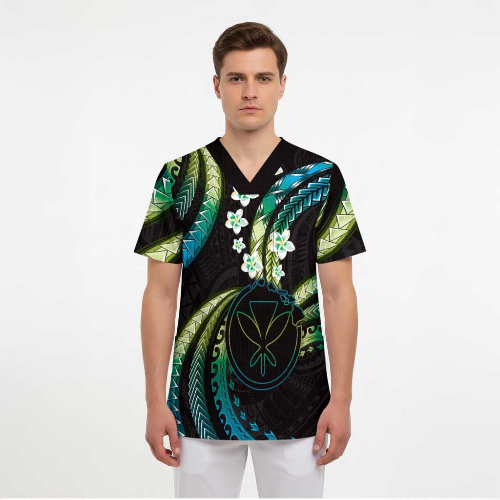 Hawaii Map Kanaka Maoli Scrub Top Fantastic Frangipani Chartreuse Cyan - Polynesian Pride