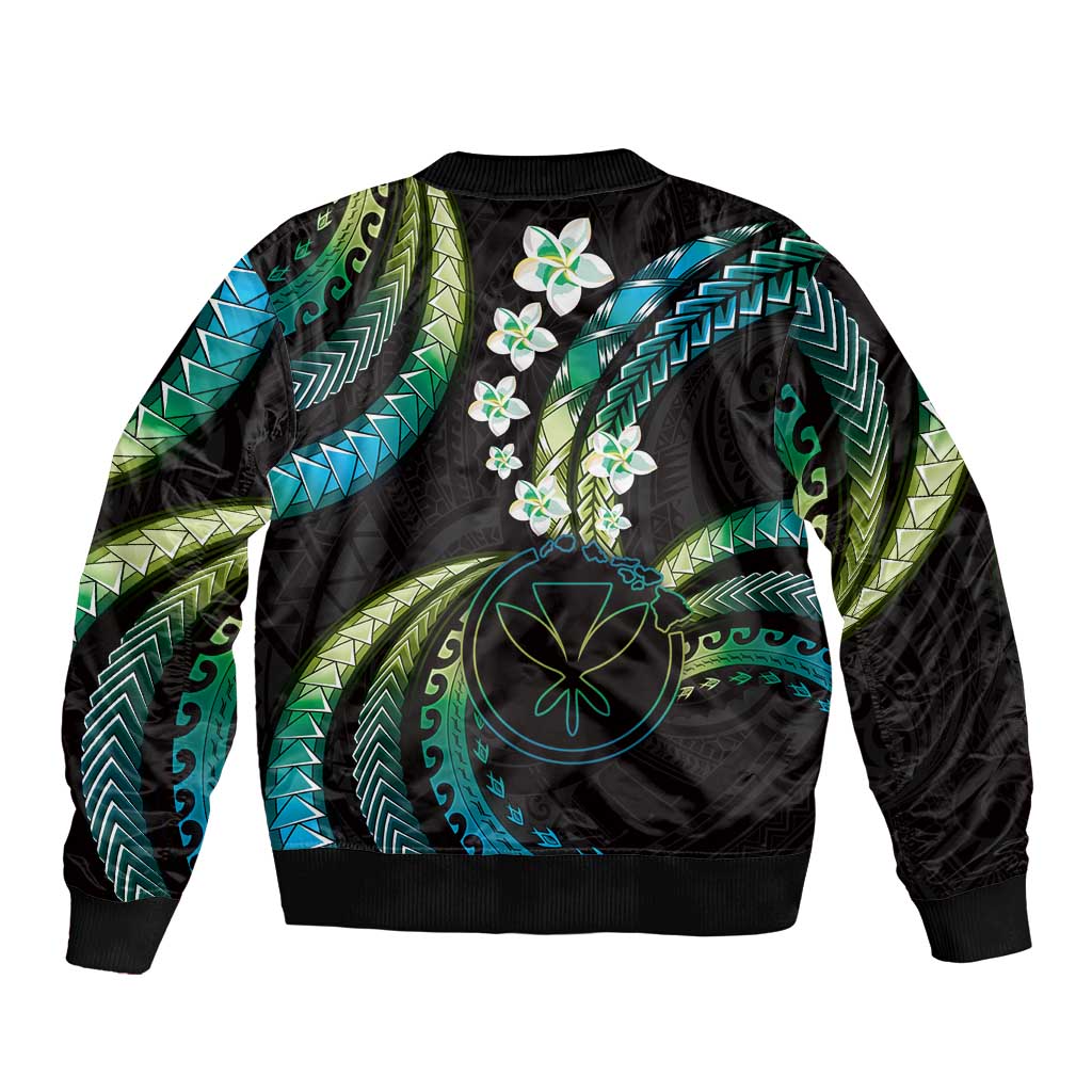 Hawaii Map Kanaka Maoli Sleeve Zip Bomber Jacket Fantastic Frangipani Chartreuse Cyan