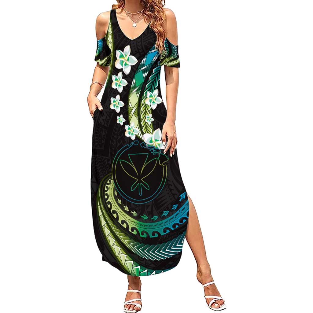 Hawaii Map Kanaka Maoli Summer Maxi Dress Fantastic Frangipani Chartreuse Cyan