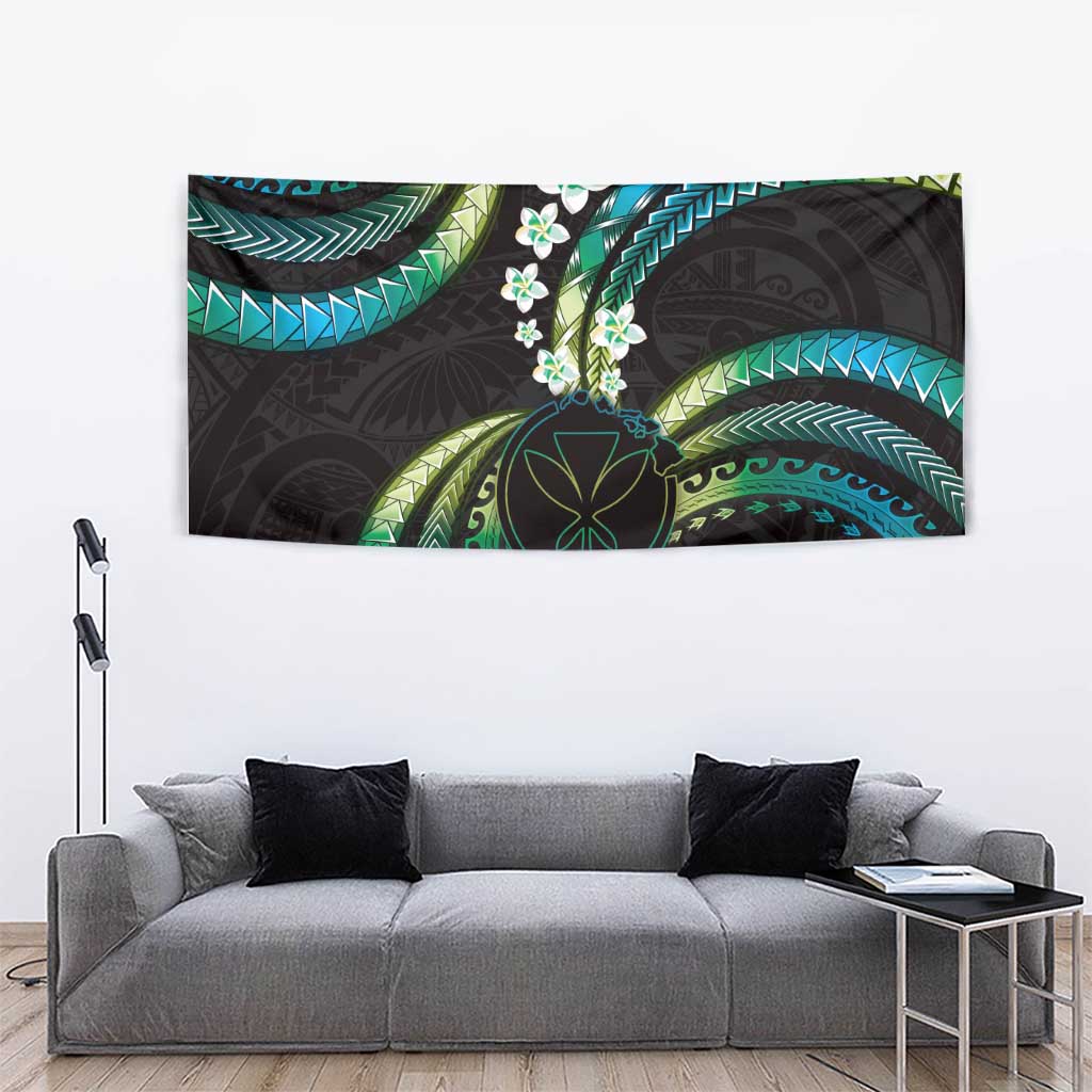 Hawaii Map Kanaka Maoli Tapestry Fantastic Frangipani Chartreuse Cyan