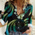 Hawaii Map Kanaka Maoli Women Casual Shirt Fantastic Frangipani Chartreuse Cyan