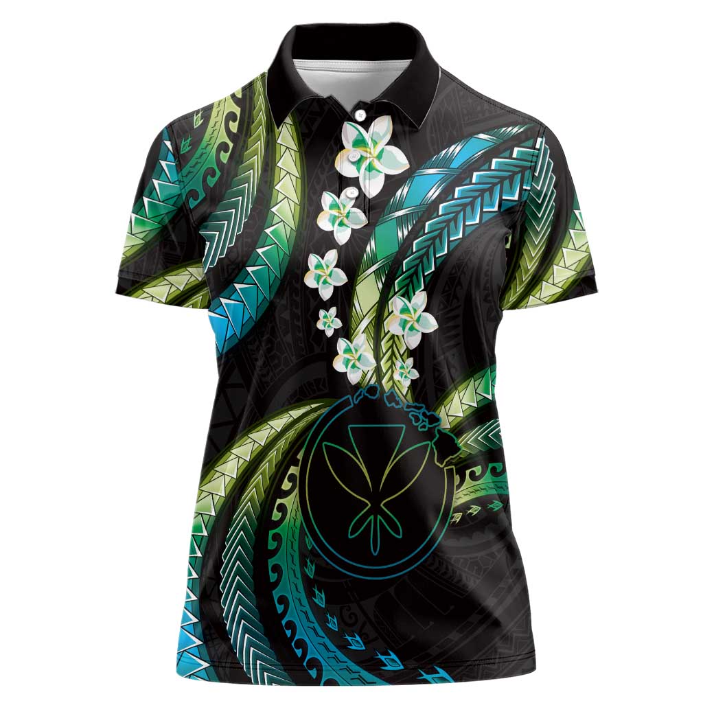 Hawaii Map Kanaka Maoli Women Polo Shirt Fantastic Frangipani Chartreuse Cyan