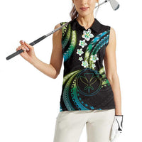 Hawaii Map Kanaka Maoli Women Sleeveless Polo Shirt Fantastic Frangipani Chartreuse Cyan