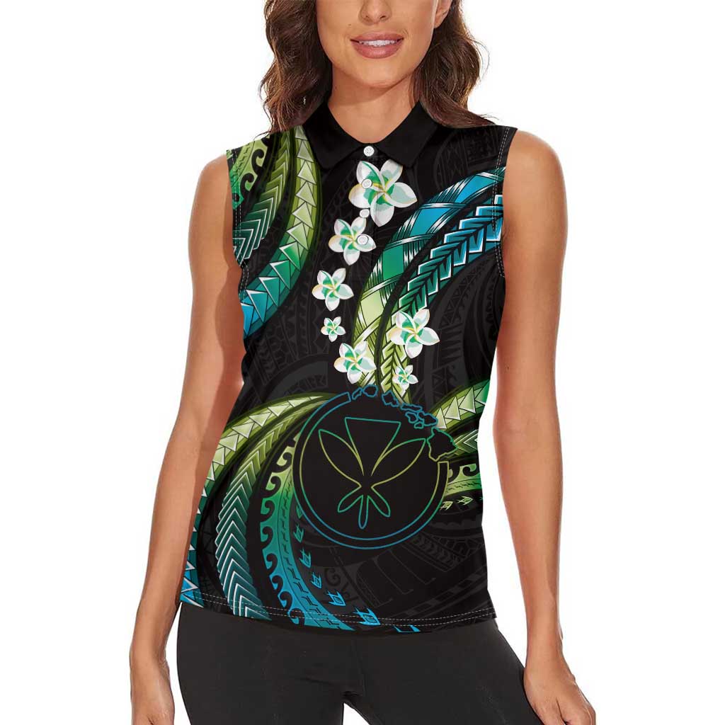 Hawaii Map Kanaka Maoli Women Sleeveless Polo Shirt Fantastic Frangipani Chartreuse Cyan