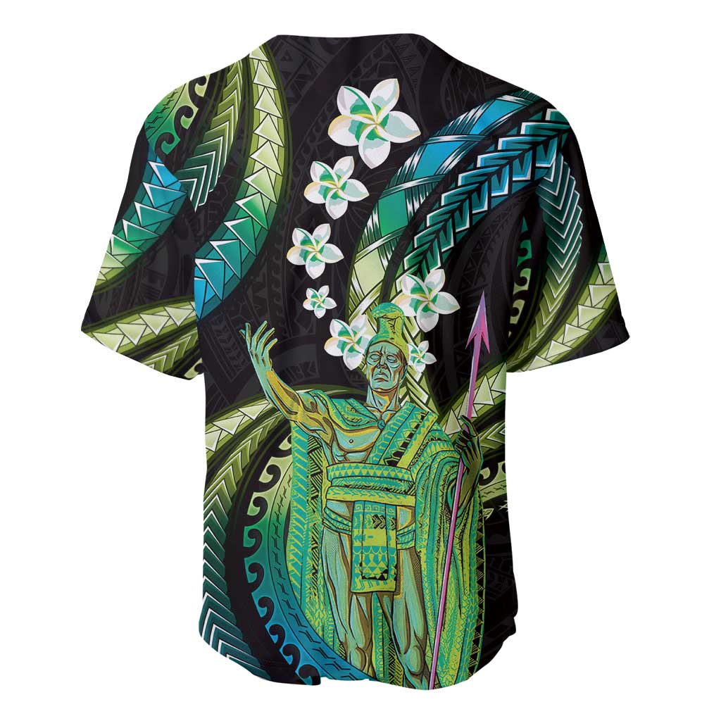 Hawaii King Kamehameha Baseball Jersey Fantastic Plumeria Chartreuse Cyan