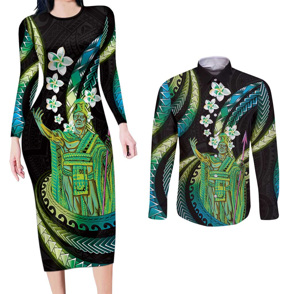 Hawaii King Kamehameha Couples Matching Long Sleeve Bodycon Dress and Long Sleeve Button Shirt Fantastic Plumeria Chartreuse Cyan