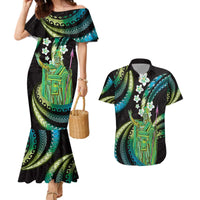 Hawaii King Kamehameha Couples Matching Mermaid Dress and Hawaiian Shirt Fantastic Plumeria Chartreuse Cyan