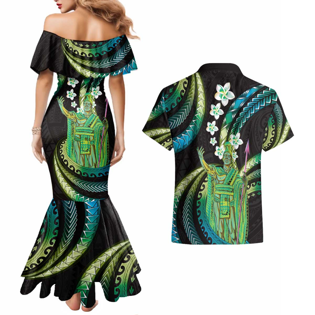 Hawaii King Kamehameha Couples Matching Mermaid Dress and Hawaiian Shirt Fantastic Plumeria Chartreuse Cyan