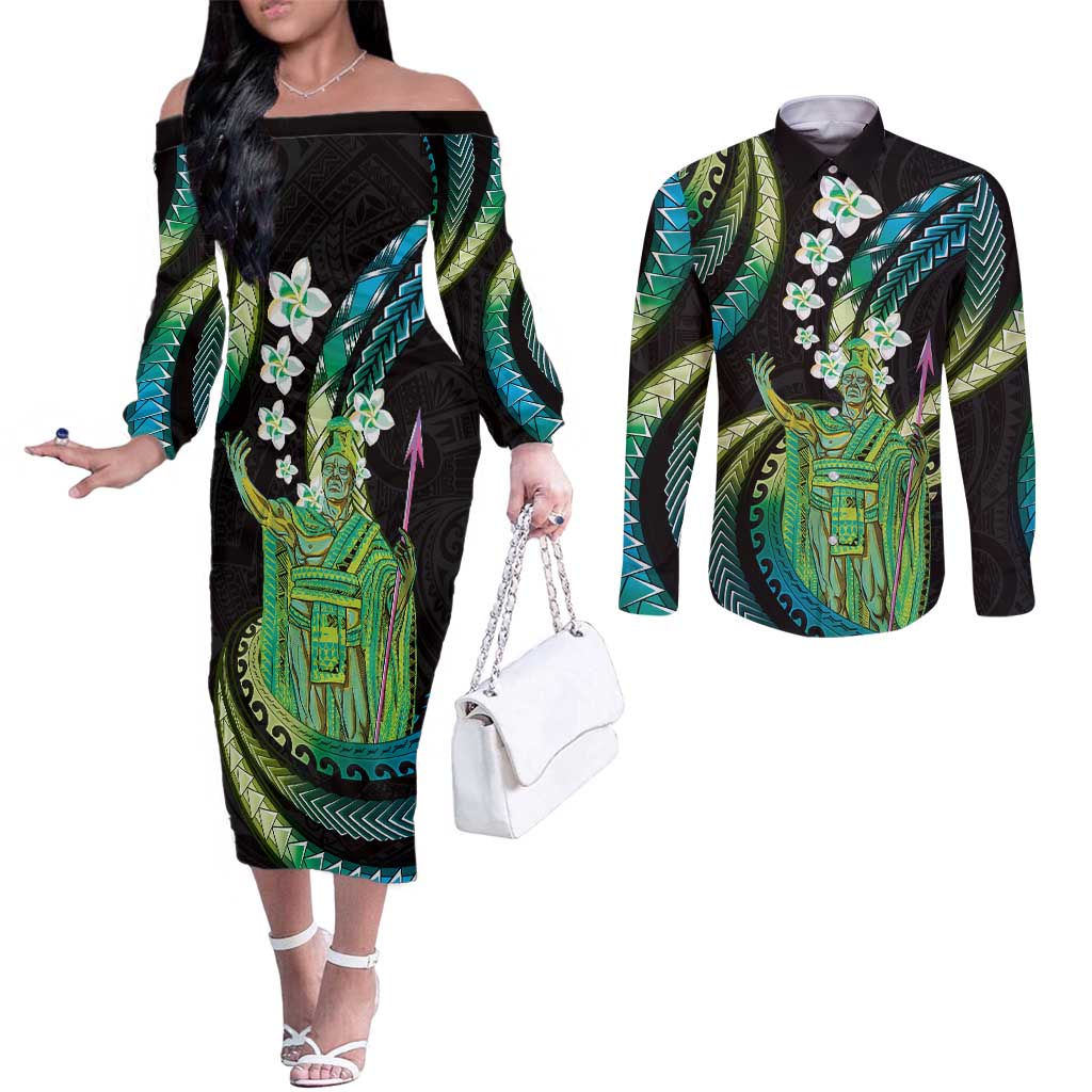 Hawaii King Kamehameha Couples Matching Off The Shoulder Long Sleeve Dress and Long Sleeve Button Shirt Fantastic Plumeria Chartreuse Cyan