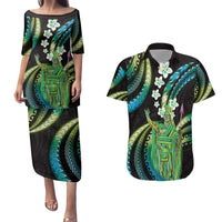 Hawaii King Kamehameha Couples Matching Puletasi and Hawaiian Shirt Fantastic Plumeria Chartreuse Cyan