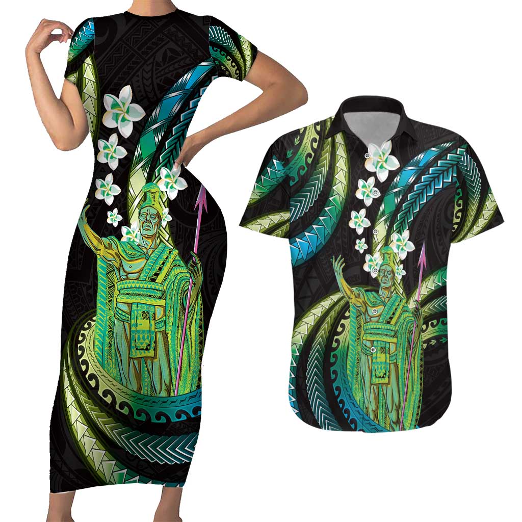 Hawaii King Kamehameha Couples Matching Short Sleeve Bodycon Dress and Hawaiian Shirt Fantastic Plumeria Chartreuse Cyan