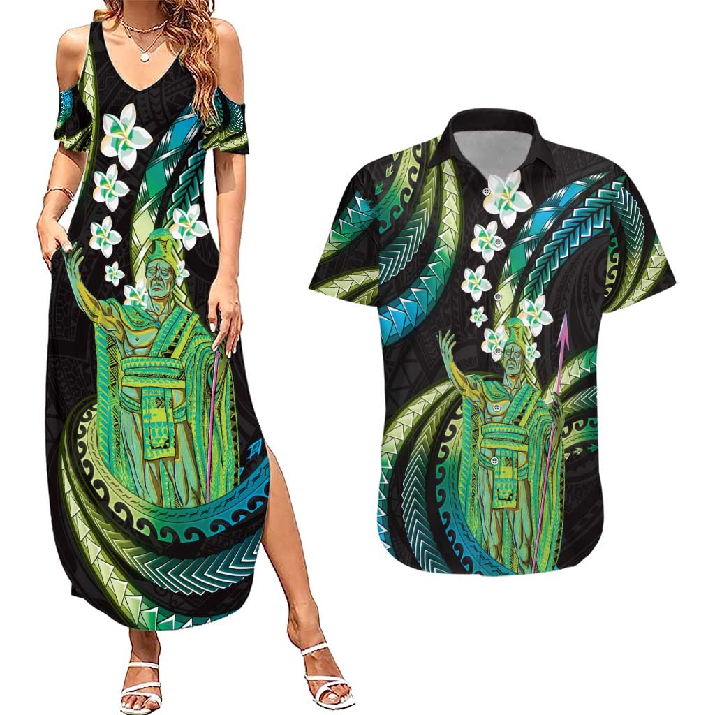 Hawaii King Kamehameha Couples Matching Summer Maxi Dress and Hawaiian Shirt Fantastic Plumeria Chartreuse Cyan