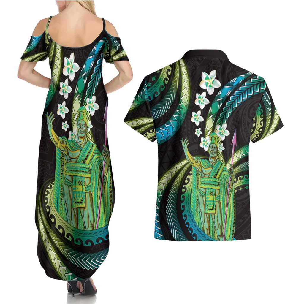 Hawaii King Kamehameha Couples Matching Summer Maxi Dress and Hawaiian Shirt Fantastic Plumeria Chartreuse Cyan