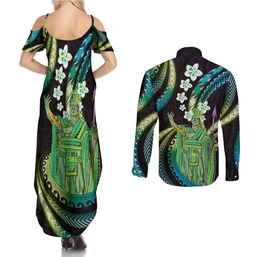 Hawaii King Kamehameha Couples Matching Summer Maxi Dress and Long Sleeve Button Shirt Fantastic Plumeria Chartreuse Cyan