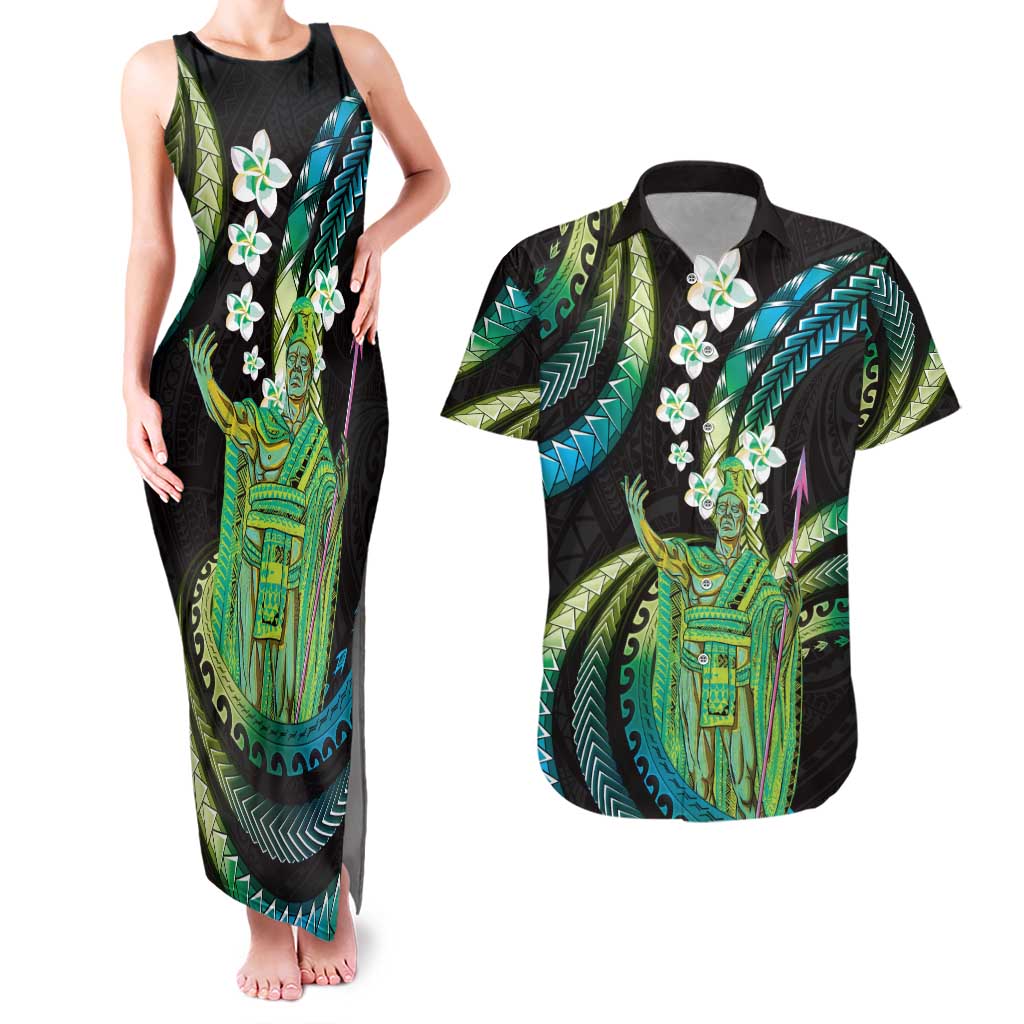 Hawaii King Kamehameha Couples Matching Tank Maxi Dress and Hawaiian Shirt Fantastic Plumeria Chartreuse Cyan