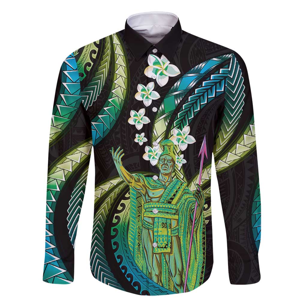 Hawaii King Kamehameha Family Matching Long Sleeve Bodycon Dress and Hawaiian Shirt Fantastic Plumeria Chartreuse Cyan