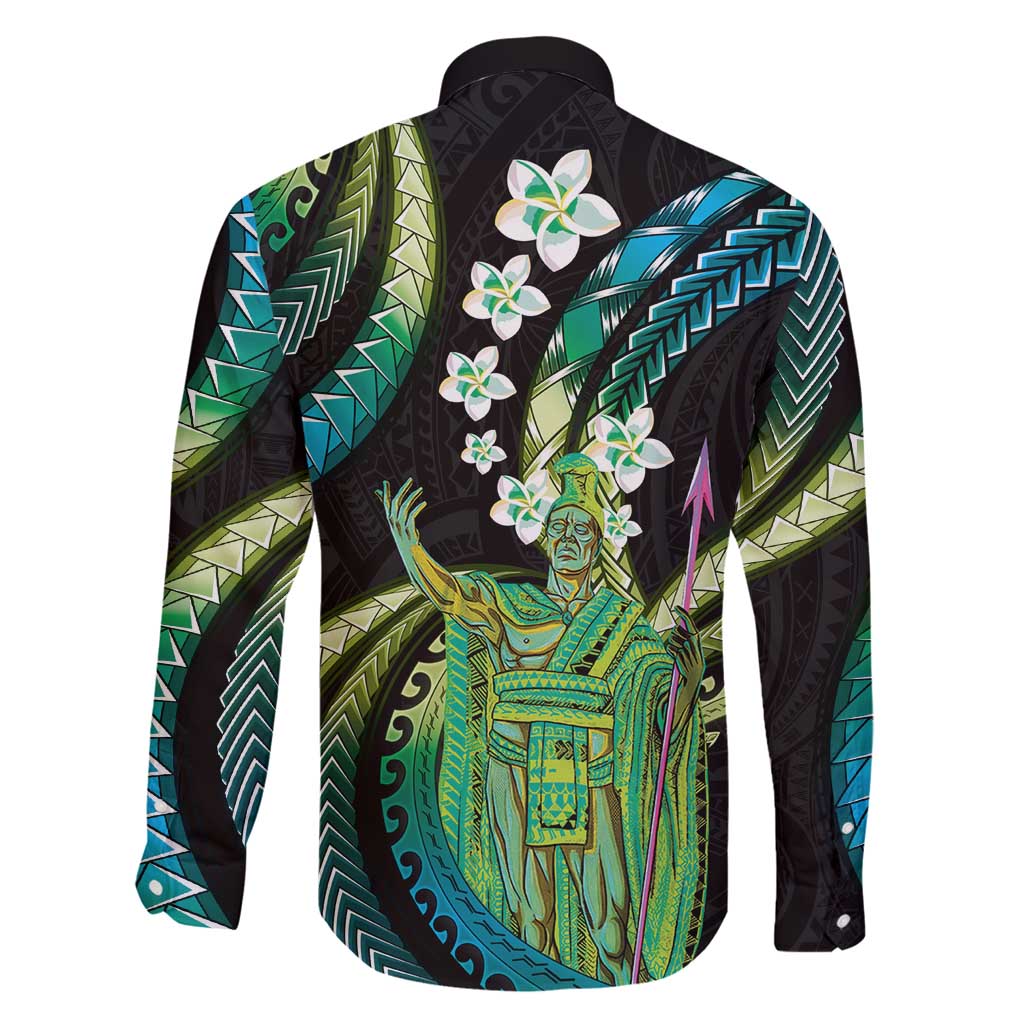 Hawaii King Kamehameha Family Matching Long Sleeve Bodycon Dress and Hawaiian Shirt Fantastic Plumeria Chartreuse Cyan