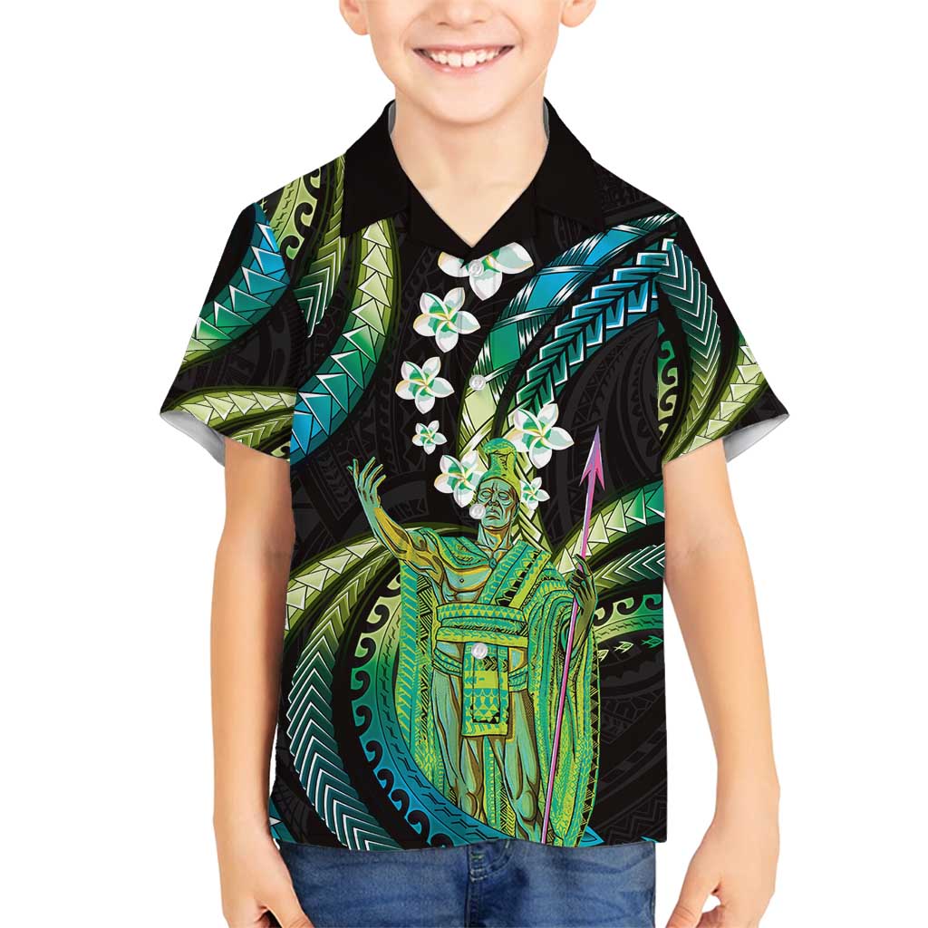 Hawaii King Kamehameha Family Matching Long Sleeve Bodycon Dress and Hawaiian Shirt Fantastic Plumeria Chartreuse Cyan