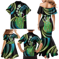 Hawaii King Kamehameha Family Matching Mermaid Dress and Hawaiian Shirt Fantastic Plumeria Chartreuse Cyan