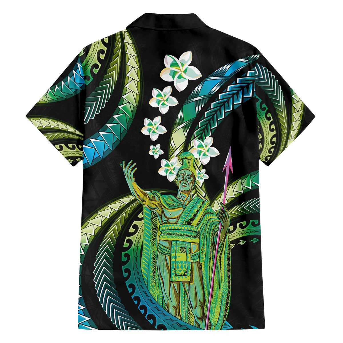Hawaii King Kamehameha Family Matching Off The Shoulder Long Sleeve Dress and Hawaiian Shirt Fantastic Plumeria Chartreuse Cyan