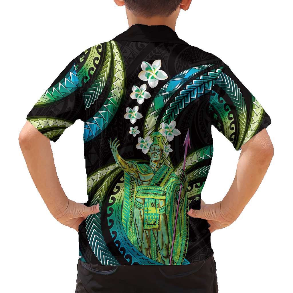 Hawaii King Kamehameha Family Matching Off Shoulder Maxi Dress and Hawaiian Shirt Fantastic Plumeria Chartreuse Cyan