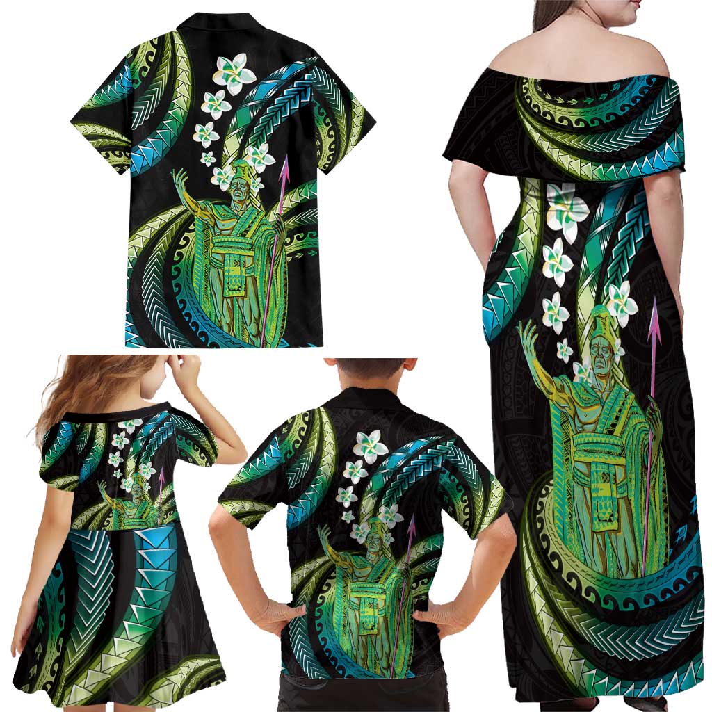 Hawaii King Kamehameha Family Matching Off Shoulder Maxi Dress and Hawaiian Shirt Fantastic Plumeria Chartreuse Cyan