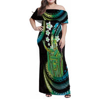 Hawaii King Kamehameha Family Matching Off Shoulder Maxi Dress and Hawaiian Shirt Fantastic Plumeria Chartreuse Cyan