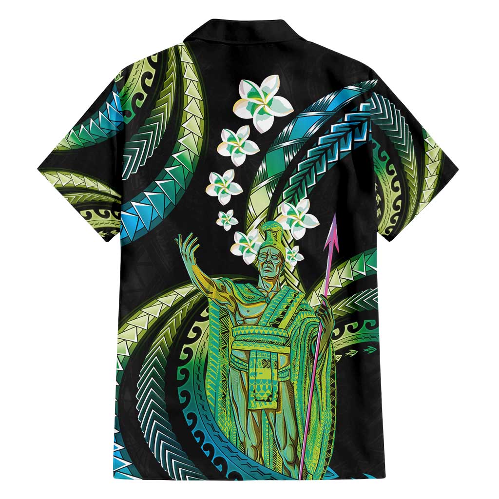Hawaii King Kamehameha Family Matching Off Shoulder Short Dress and Hawaiian Shirt Fantastic Plumeria Chartreuse Cyan