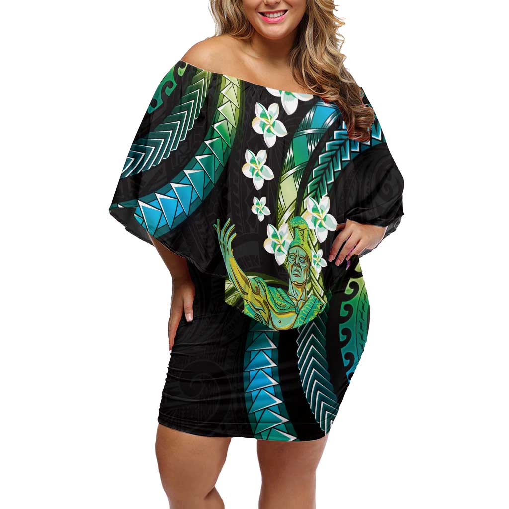 Hawaii King Kamehameha Family Matching Off Shoulder Short Dress and Hawaiian Shirt Fantastic Plumeria Chartreuse Cyan