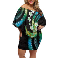 Hawaii King Kamehameha Family Matching Off Shoulder Short Dress and Hawaiian Shirt Fantastic Plumeria Chartreuse Cyan