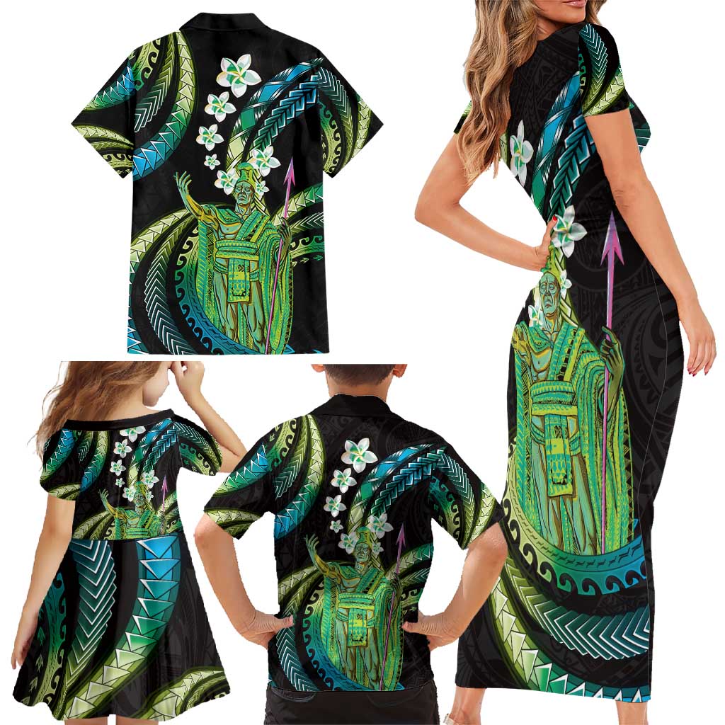 Hawaii King Kamehameha Family Matching Short Sleeve Bodycon Dress and Hawaiian Shirt Fantastic Plumeria Chartreuse Cyan