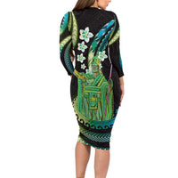 Hawaii King Kamehameha Long Sleeve Bodycon Dress Fantastic Plumeria Chartreuse Cyan