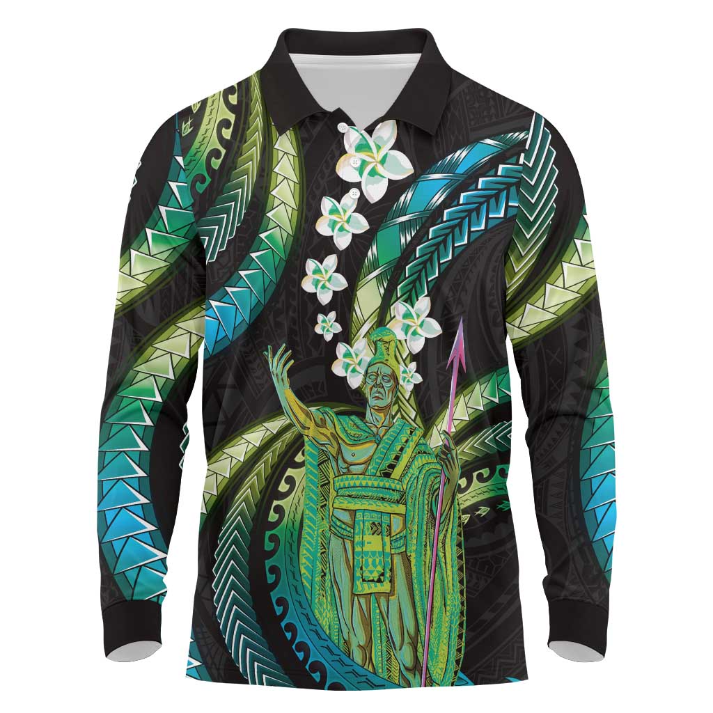 Hawaii King Kamehameha Long Sleeve Polo Shirt Fantastic Plumeria Chartreuse Cyan