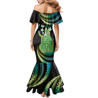 Hawaii King Kamehameha Mermaid Dress Fantastic Plumeria Chartreuse Cyan