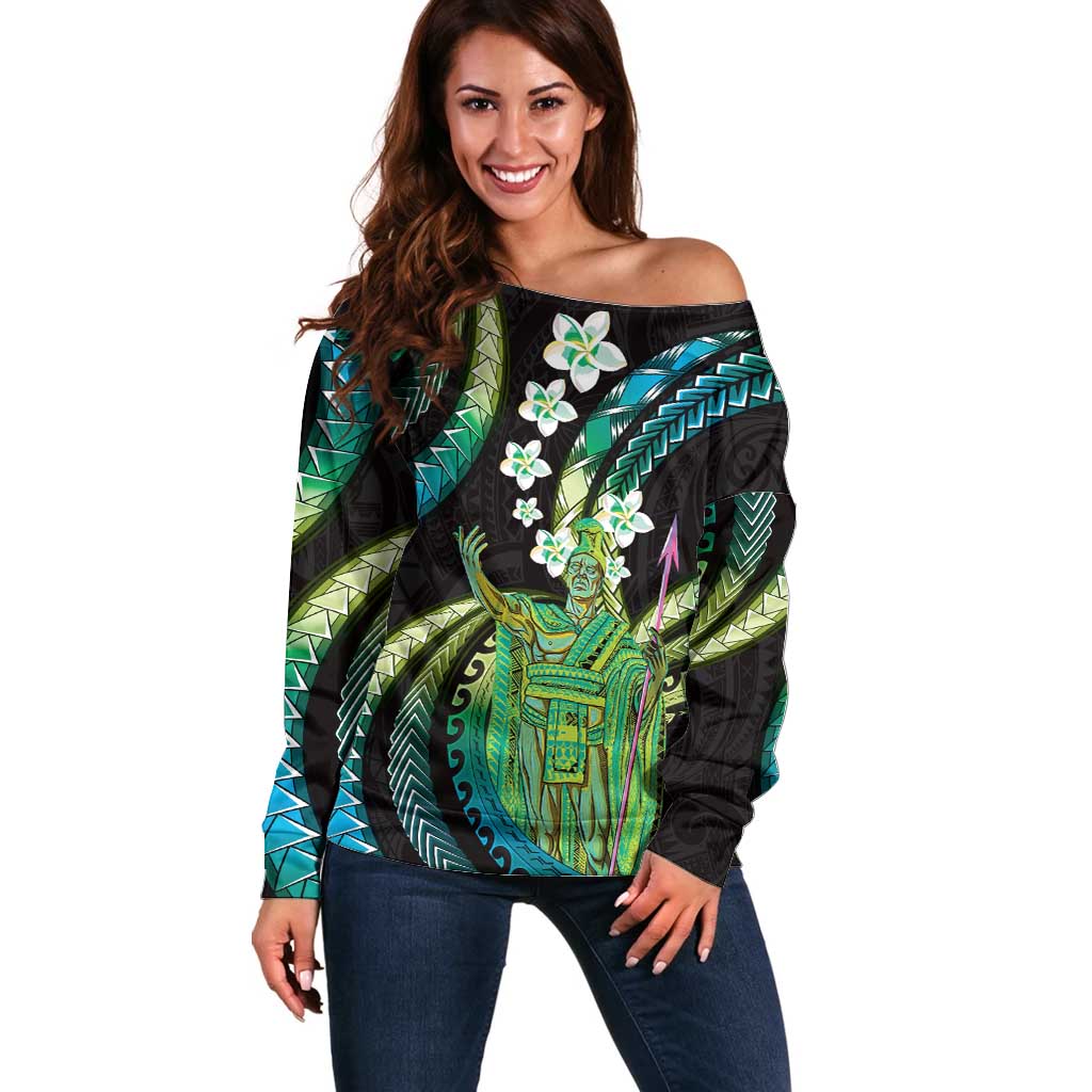 Hawaii King Kamehameha Off Shoulder Sweater Fantastic Plumeria Chartreuse Cyan