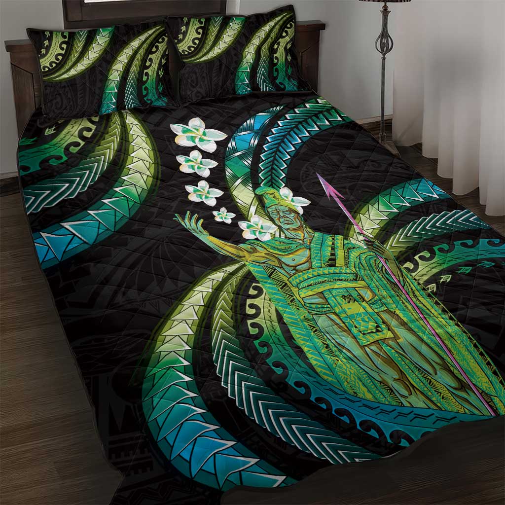 Hawaii King Kamehameha Quilt Bed Set Fantastic Plumeria Chartreuse Cyan