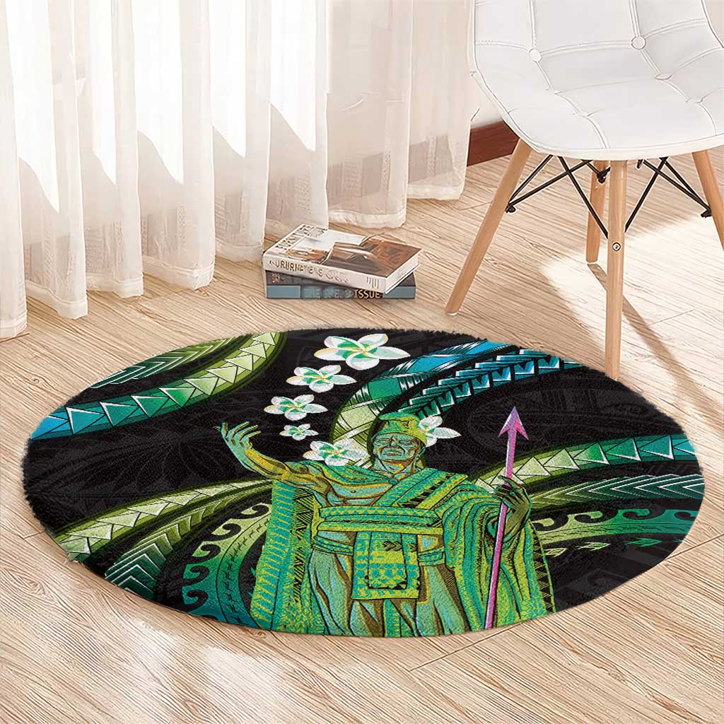 Hawaii King Kamehameha Round Carpet Fantastic Plumeria Chartreuse Cyan