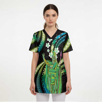 Hawaii King Kamehameha Scrub Top Fantastic Plumeria Chartreuse Cyan - Polynesian Pride