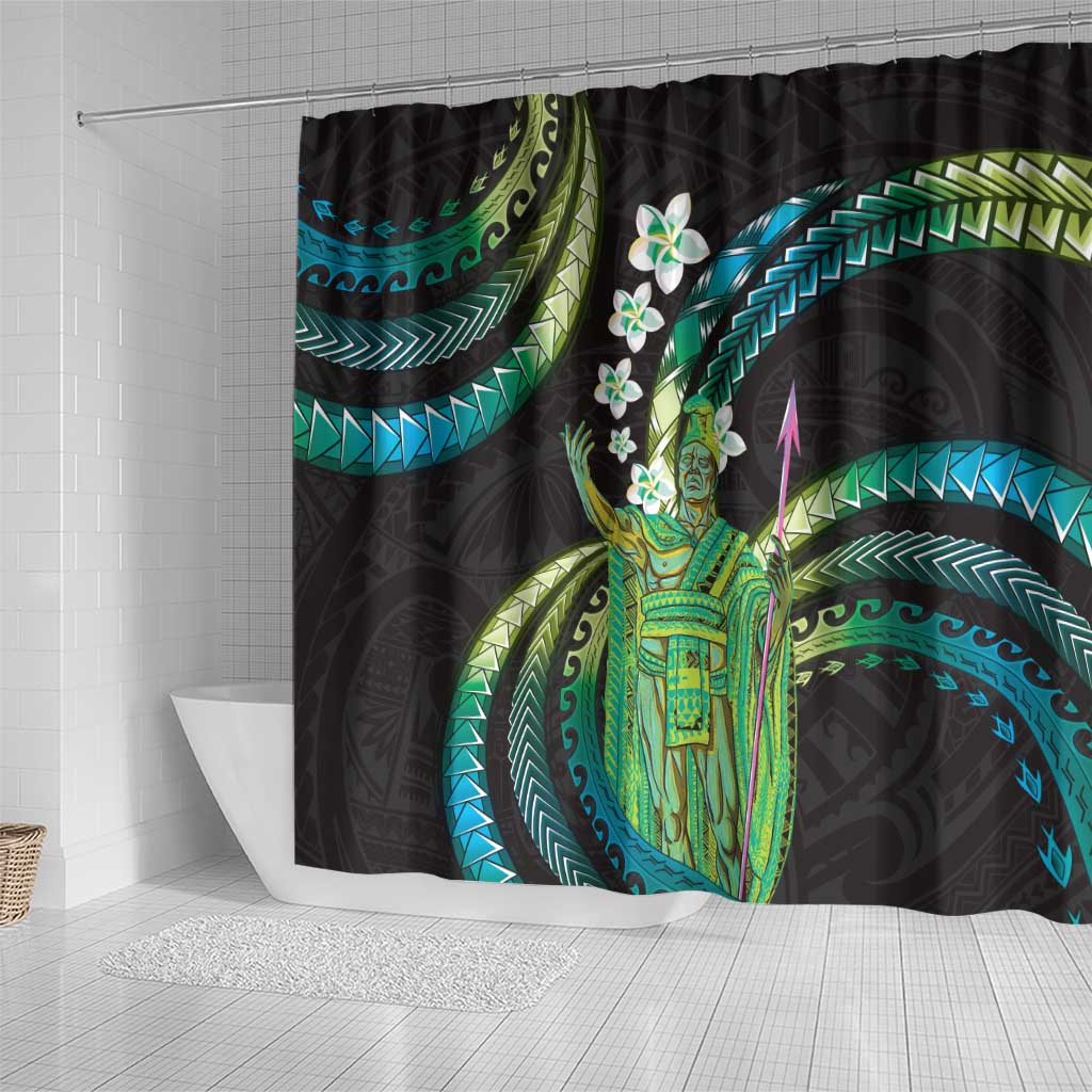 Hawaii King Kamehameha Shower Curtain Fantastic Plumeria Chartreuse Cyan
