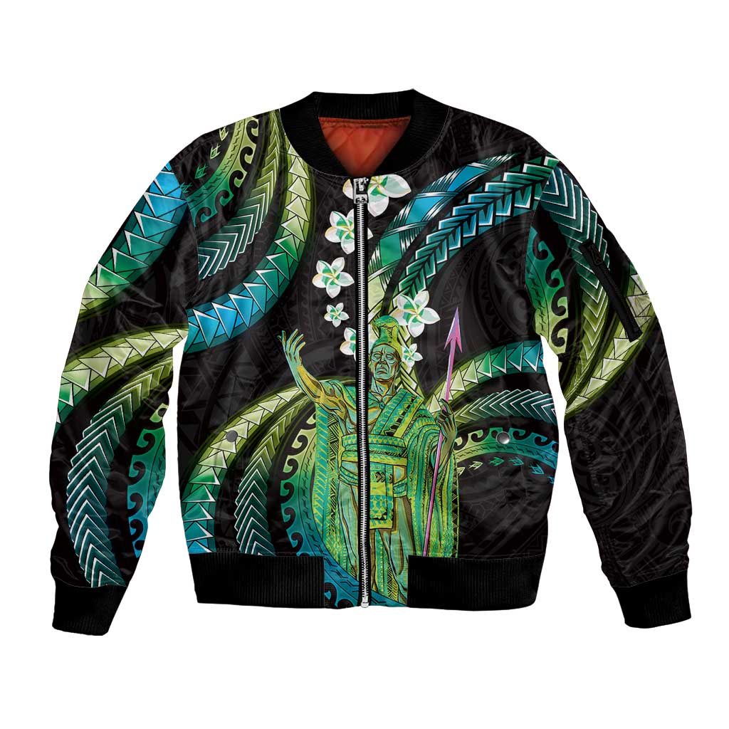 Hawaii King Kamehameha Sleeve Zip Bomber Jacket Fantastic Plumeria Chartreuse Cyan