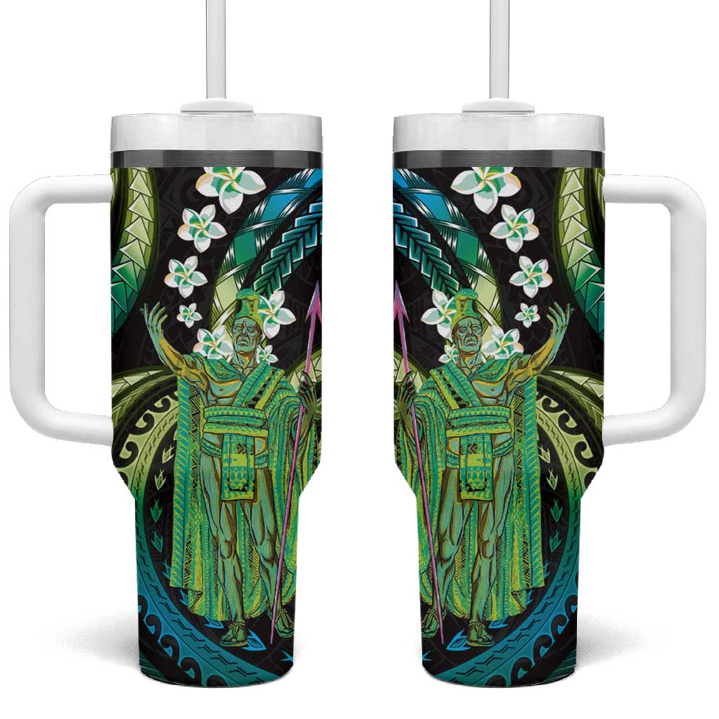 Hawaii King Kamehameha Tumbler With Handle Fantastic Plumeria Chartreuse Cyan