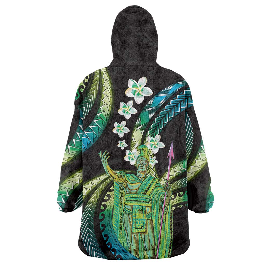 Hawaii King Kamehameha Wearable Blanket Hoodie Fantastic Plumeria Chartreuse Cyan