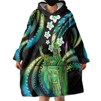 Hawaii King Kamehameha Wearable Blanket Hoodie Fantastic Plumeria Chartreuse Cyan